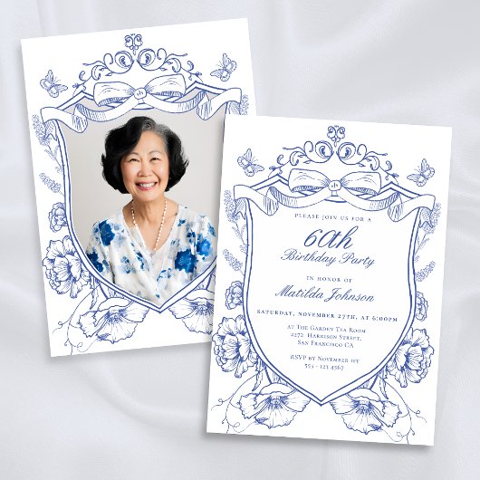 ブルーフローラカスタム写真60th誕生日パーティー 招待状