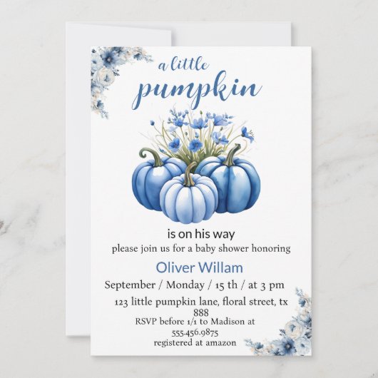 ブルーフローラカボチャ男の赤ちゃんシャワー 招待状 (正面)