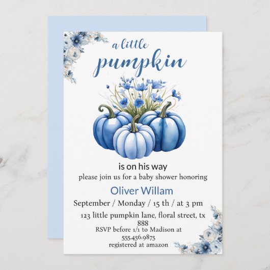 ブルーフローラカボチャ男の赤ちゃんシャワー 招待状 (正面/裏面)