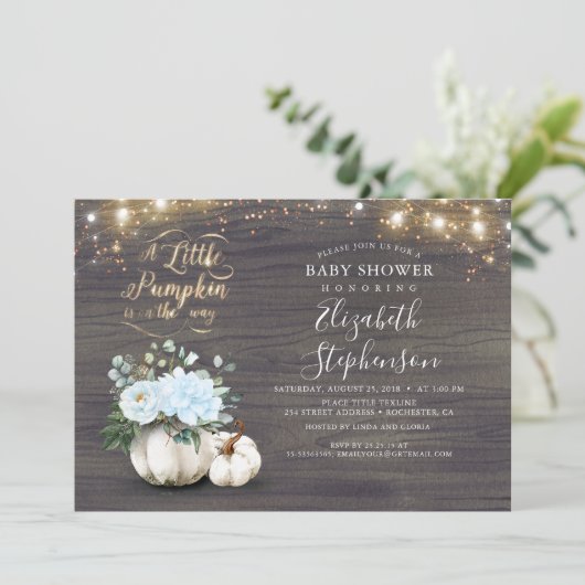 ブルーフローラカボチャ花瓶秋ボーイ赤ちゃんシャワー 招待状 (スタンド正面)