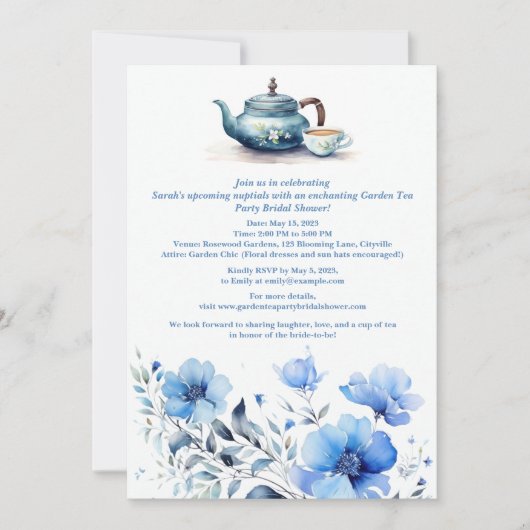 ブルーフローラガーデンティーパーティーブライダルシャワー 招待状 (正面)