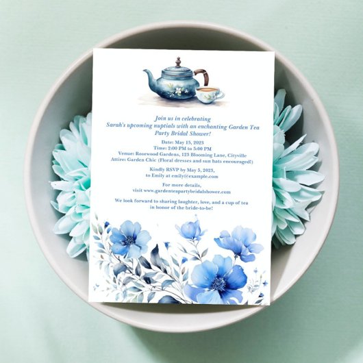 ブルーフローラガーデンティーパーティーブライダルシャワー 招待状