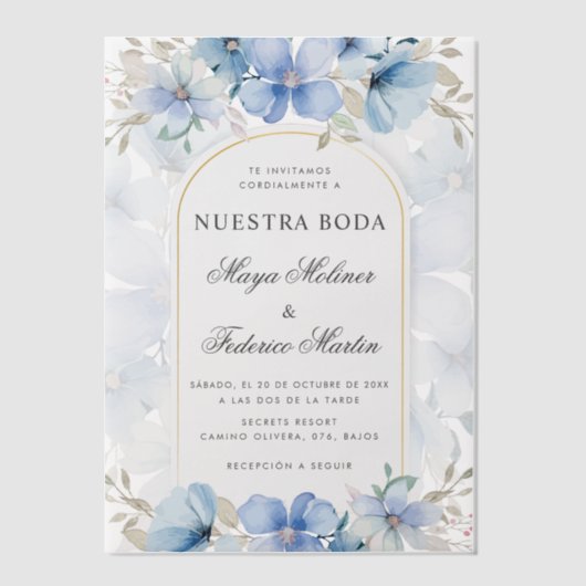 ブルーフローラガーデンヌエストラボダスペインの結婚ズ ベラム紙招待状 (正面)