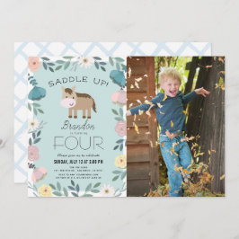 ブルーフローラガーデンホースボーイフォト誕生日 招待状