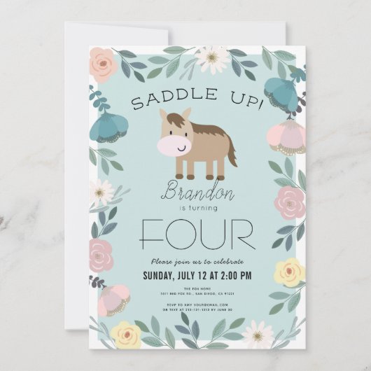 ブルーフローラガーデンホースボーイ誕生日 招待状 (正面)