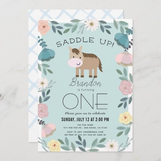 ブルーフローラガーデンホースボーイ1st誕生日 招待状 (正面/裏面)