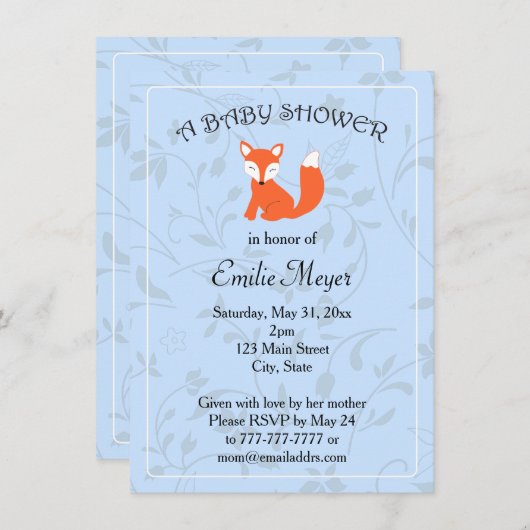 ブルーフローラキツネウッドランドベビーシャワー 招待状 (正面/裏面)