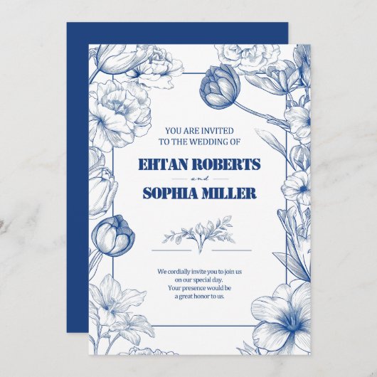 ブルーフローラクラシック結婚式招待状 招待状 (正面/裏面)