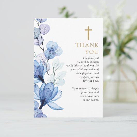 ブルーフローラクリスチャンお祝いの生活写真 サンキューカード (スタンド正面)