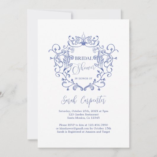 ブルーフローラクレストブライダルシャワー招待 招待状 (正面)