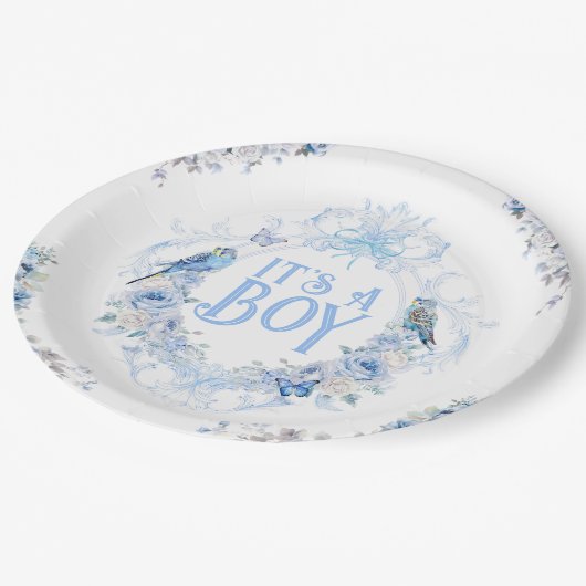ブルーフローラクレストボウ男の子の赤ちゃんシャワー ペーパープレート (アングル)
