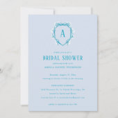 ブルーフローラクレストモノグラムイニシャルブライダルシャワー 招待状 (正面)