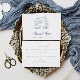 ブルーフローラクレストモノグラムエレガントな結婚式 サンキューカード