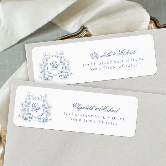 ブルーフローラクレストモノグラム結婚ズ差出人住所 ラベル