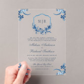 ブルーフローラクレストモノグラム結婚ズ アクリル招待状 (インサイチュ (ポータブル))