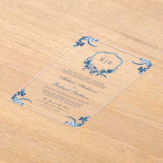 ブルーフローラクレストモノグラム結婚ズ アクリル招待状 (レイダウン)