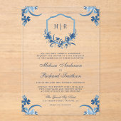 ブルーフローラクレストモノグラム結婚ズ アクリル招待状 (正面)