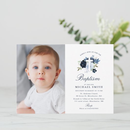 ブルーフローラクロスバプテスマの招待 招待状 (スタンド正面)