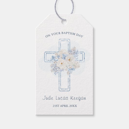 ブルーフローラクロスバプテスマ ギフトタグ (正面)