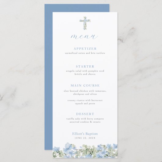 ブルーフローラクロスバプテスムメニューforボーイズ《キリスト教》洗礼式や命名式 メニュー (正面/裏面)