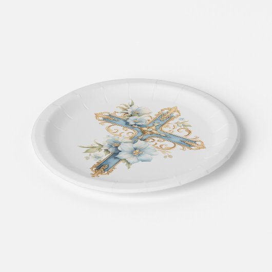 ブルーフローラクロスファースト聖餐式 ペーパープレート (アングル)