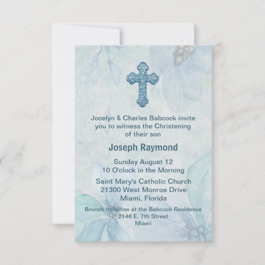 ブルーフローラクロスベビー《キリスト教》洗礼式や命名式招待状 招待状 (正面)