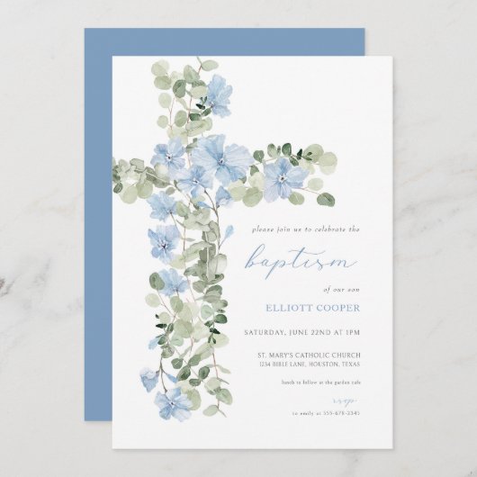 ブルーフローラクロスボーイバプテスマ招待状 招待状 (正面/裏面)