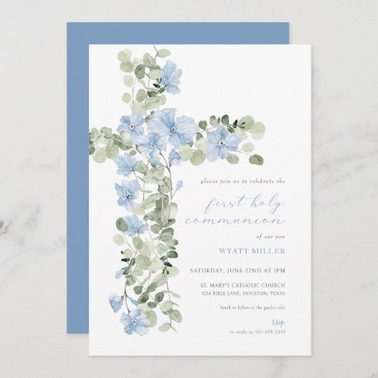 ブルーフローラクロスボーイファーストホーリーコミュニオン招待状 招待状 (正面/裏面)