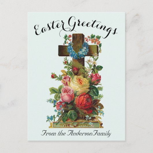 ブルーフローラクロスヴィンテージイースター宗教 ポストカード (正面)