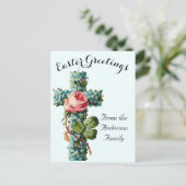 ブルーフローラクロスヴィンテージイースター宗教 ポストカード (スタンド正面)