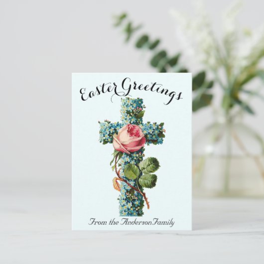 ブルーフローラクロスヴィンテージイースター宗教 ポストカード (スタンド正面)