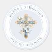 ブルーフローラクロス宗教復活祭恵み ラウンドシール (正面)