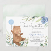 ブルーフローラグリーナリーベアバルーンボーイベビーシャワー 招待状 (正面/裏面)