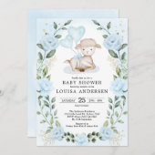 ブルーフローラグリーンリーリトルラムベビーシープシャワー 招待状 (正面/裏面)