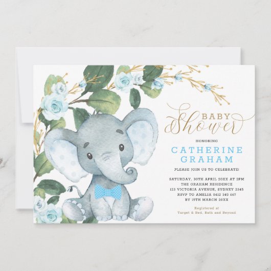 ブルーフローラグリーンリー金ゴールドエレファントベビーシャワー 招待状 (正面)