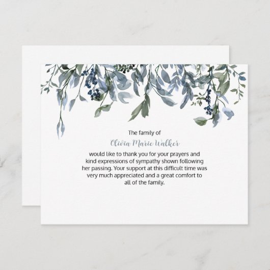 ブルーフローラグリーン葬式スクリプトありがとう サンキューカード (正面/裏面)