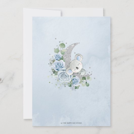 ブルーフローラコアラ我々は月の赤ちゃんシャワー上にいる 招待状 (裏面)