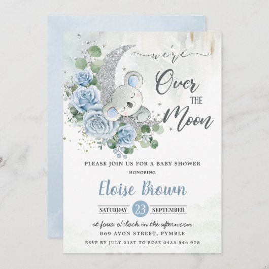 ブルーフローラコアラ我々は月の赤ちゃんシャワー上にいる 招待状 (正面/裏面)