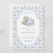 ブルーフローラコケットティーパーティーブライダルシャワー 招待状 (正面)