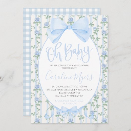 ブルーフローラコケットボウ男の赤ちゃん 招待状 (正面/裏面)