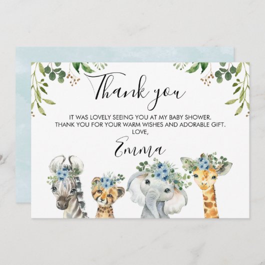 ブルーフローラサファリベビーシャワーサンキューカード 招待状 (正面/裏面)