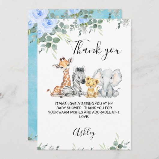 ブルーフローラサファリベビーシャワーサンキューカード 招待状 (正面/裏面)
