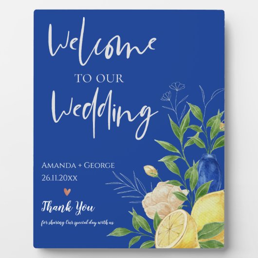 ブルーフローラサマー結婚シトラスのウェルカムサイン フォトプラーク (正面)