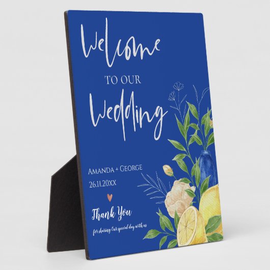 ブルーフローラサマー結婚シトラスのウェルカムサイン フォトプラーク (側面)