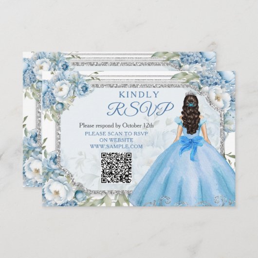 ブルーフローラシルバークラウンクインセアニラQR Rsvpカード サンキューカード (正面/裏面)