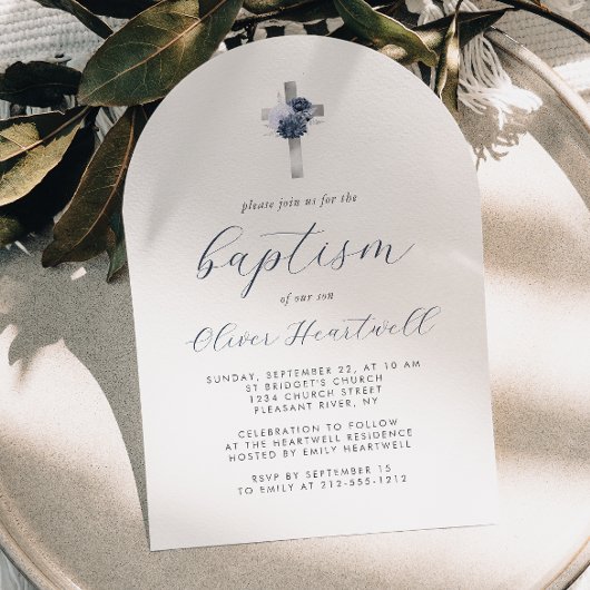 ブルーフローラシルバークロスアーチボーイズ洗礼 招待状