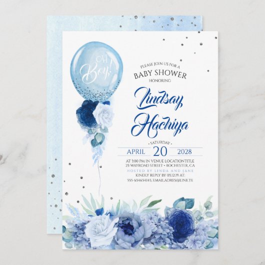 ブルーフローラシルバーグリッターバルーンベビーシャワー 招待状 (正面/裏面)