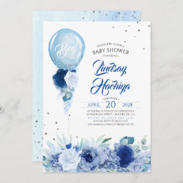 ブルーフローラシルバーグリッターバルーンベビーシャワー 招待状