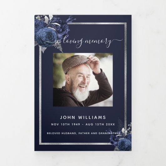 ブルーフローラシルバー写真三重の葬儀プログラム 三つ折り案内状 (カバー)