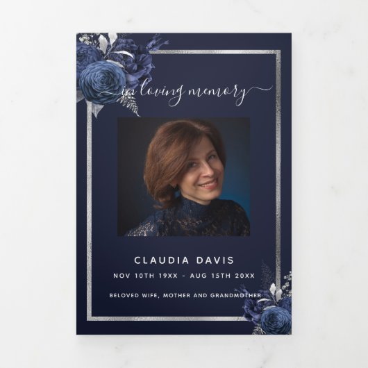 ブルーフローラシルバー写真三重の葬儀プログラム 三つ折り案内状 (カバー)